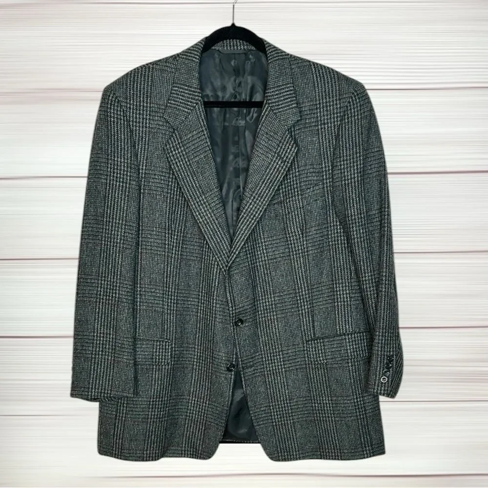 Vintage Hickey Freeman Wool Sport Coat Gray Houndstooth Glen Check size 48 L
